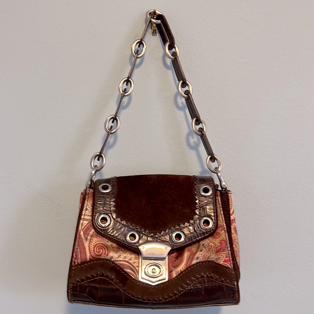 Vintage Maxximum brown suede and paisley satiny print with short strap. GUC